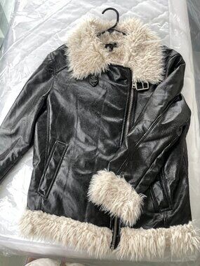 Topshop Faux Leather Aviator Jacket – Faux Fur Trim, Size EUR 38 / US 6